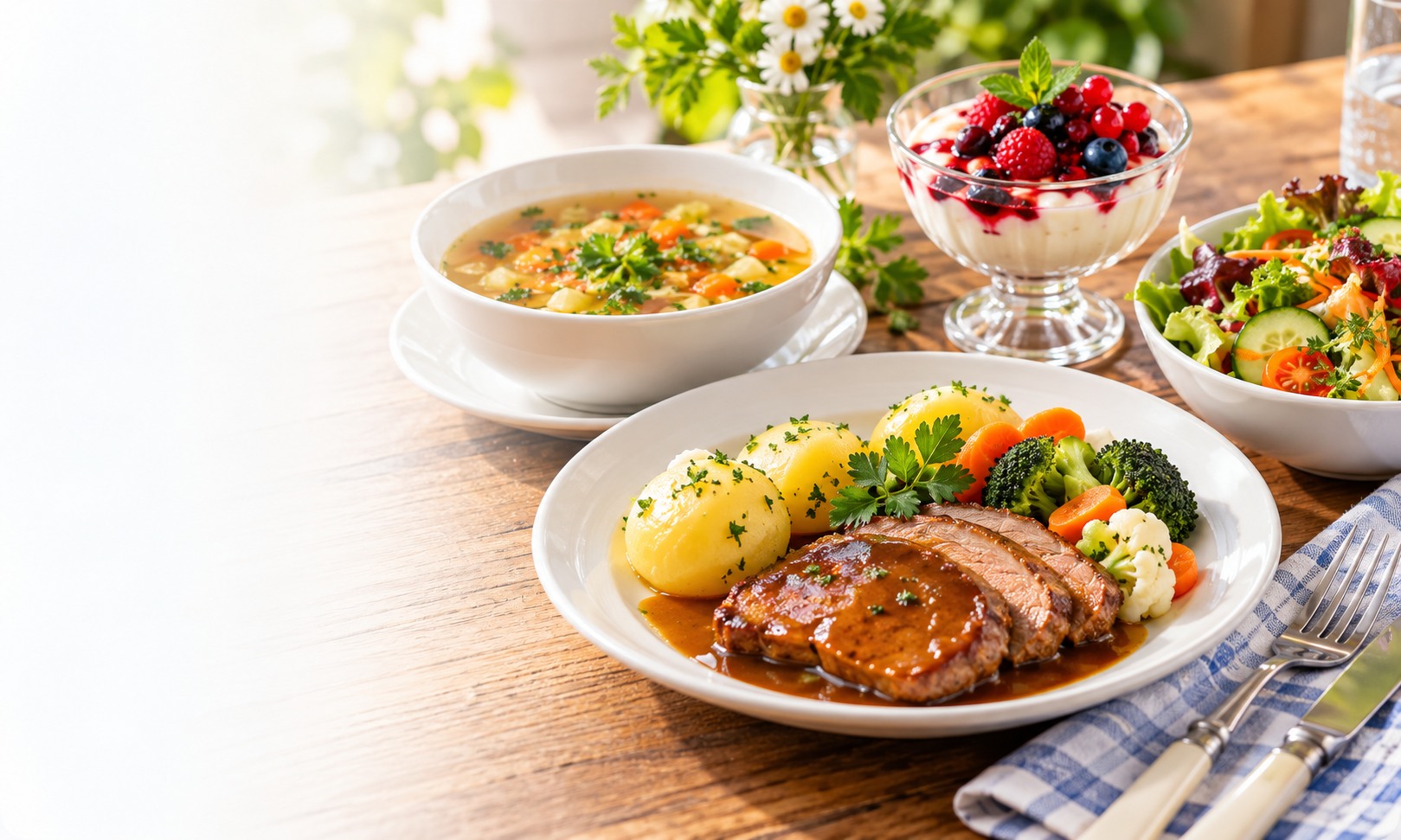 Frisch angerichtetes Mittagessen mit Suppe, Hauptgericht, Salat und Dessert